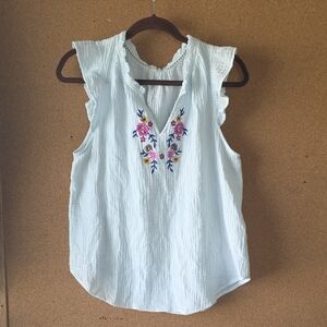 Mason & Belle Embroidered Floral Sleeveless Cotton Blouse White L Cottagecore